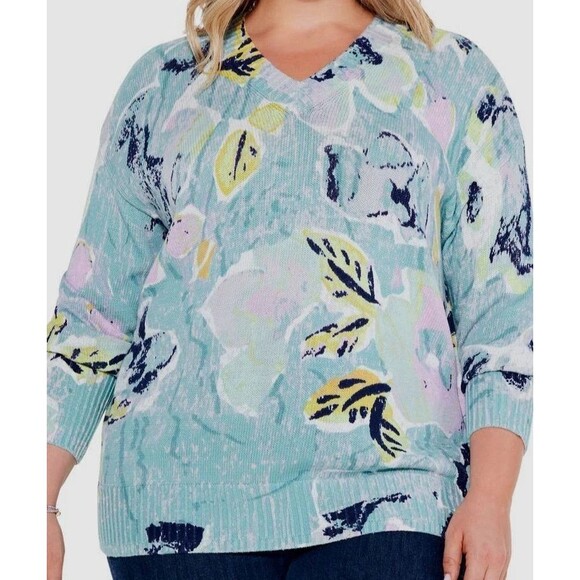 Nic + Zoe Women's Greenhouse Garden Sweater Blue Cotton V-Neck Size XL - Picture 5 of 11